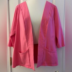 D & Co. sz L Cardigan, pink 95% cotton, 5% spandex, 2 pockets, EUC, 3/4 sleeves